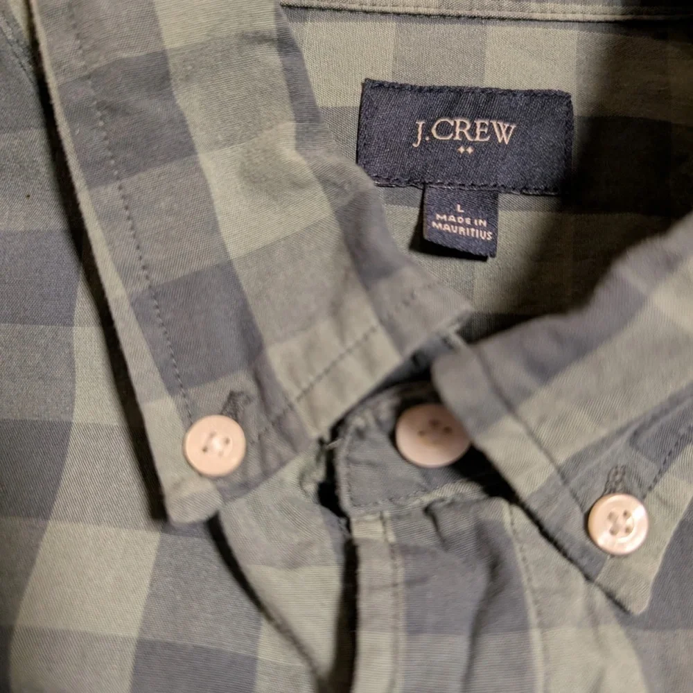 JCrew Mens Cotton Oxford Olive and Blue Checked Print Size Large Slim